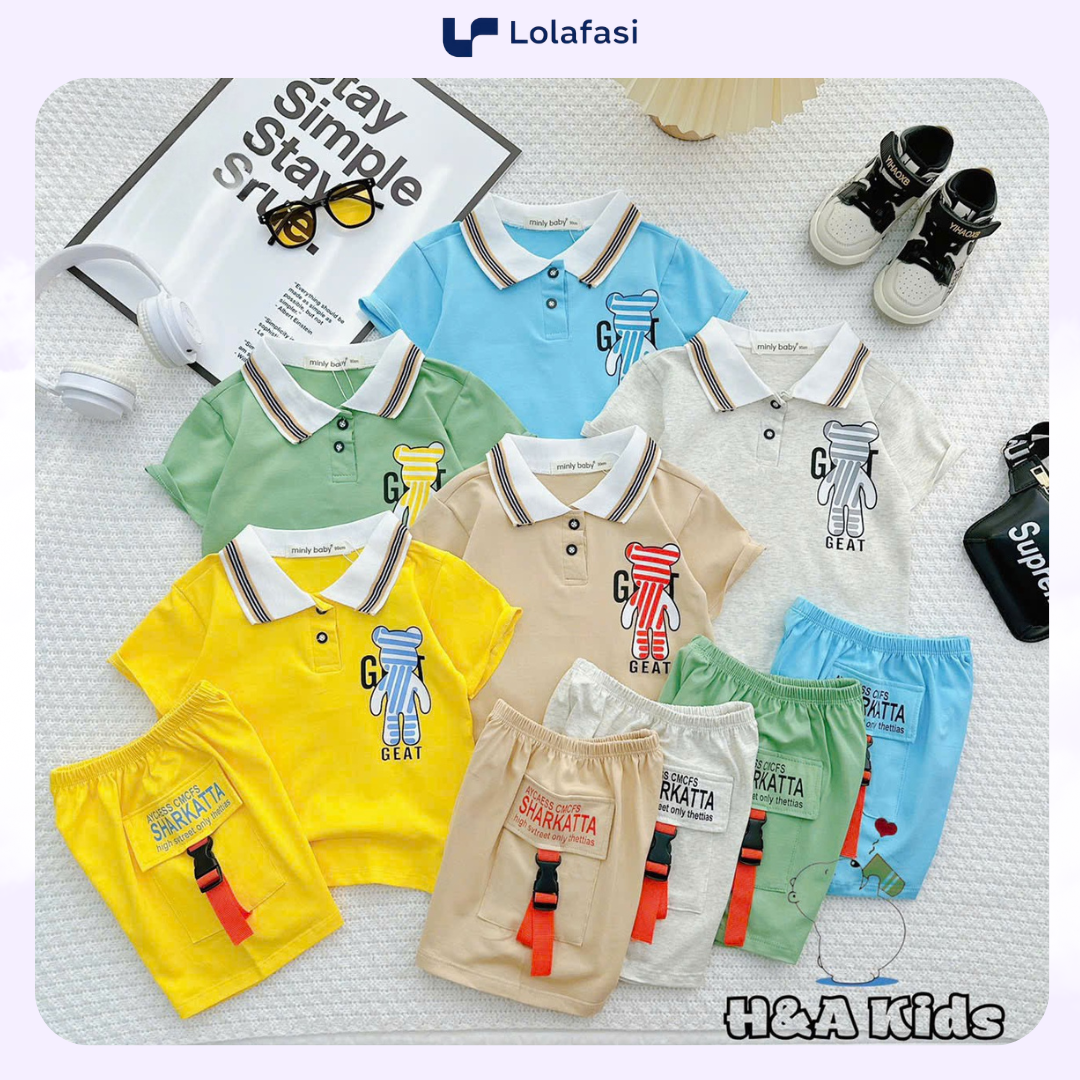 Bộ Thun Bé Trai, Set Polo Gấu GEAT Phối Quần Sọt Túi Gài Chất Liệu Thun Cotton Cho Bé Trai Từ 8-16 Kg, Lolafasi Shop