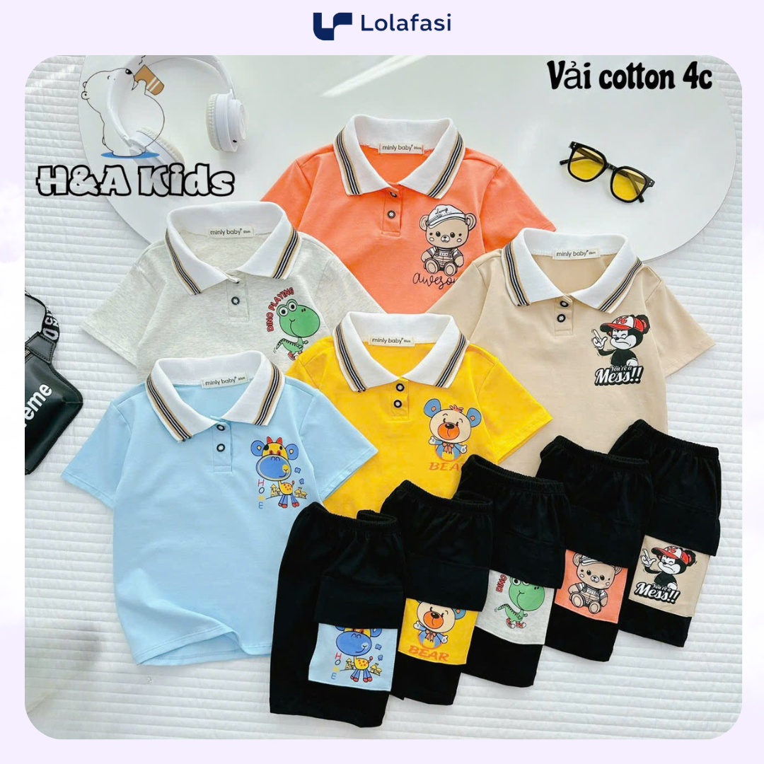 Bộ Thun Bé Trai, Set Polo Bé Trai Thun Cotton Áo In Hình Phối Quần Sọt Túi Nắp Cho Bé Trai 8kg -16kg, Lolafasi Shop