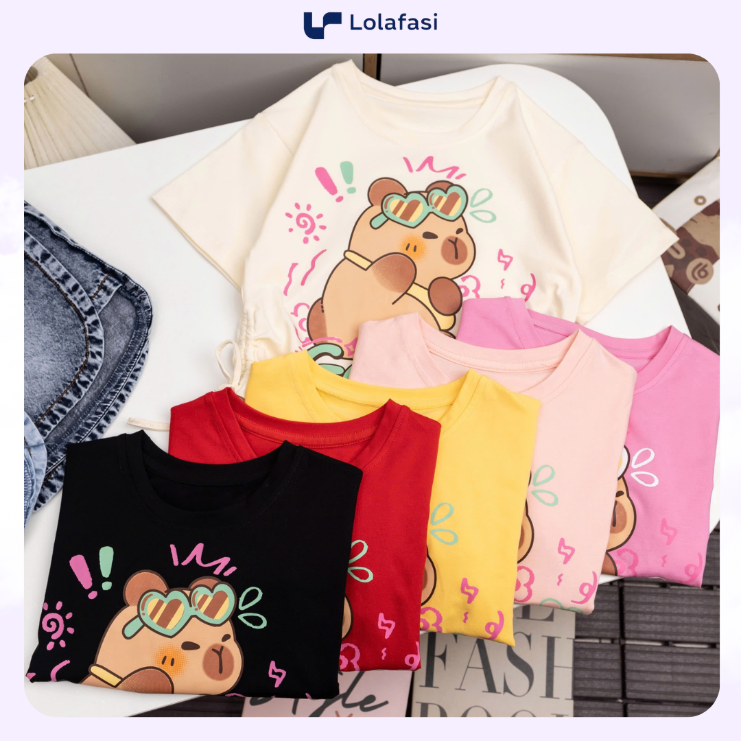 Bộ Capy Bara Bé Gái - Quần Sọt Jean Phố Áo Lai Rút In Hình Capy Bara Bé Gái Từ 13kg - 24kg, Lolafasi Shop