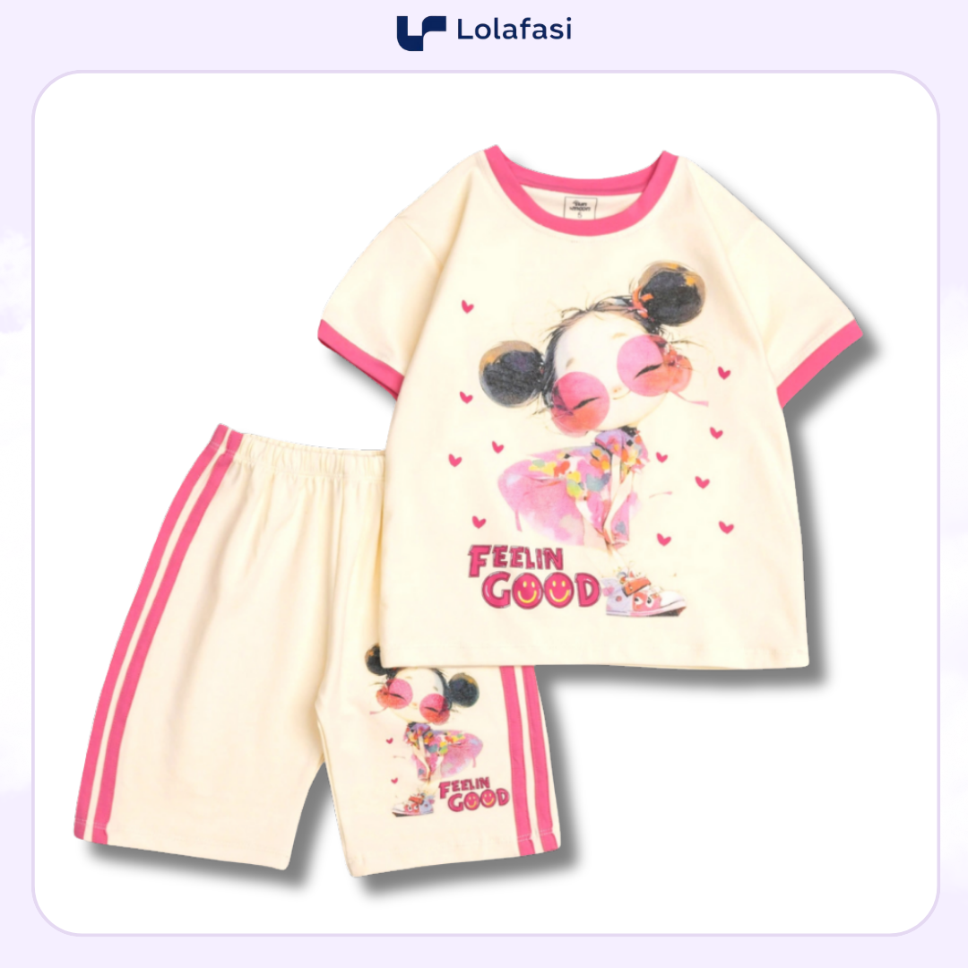 Bộ Đồ Bé Gái Thun Cotton Quần Ngố Dây Dọc 2 Bên, Áo In Hình Cô Gái Feelin’ Good Trái Tim 13kg Đến 24kg, Lolafasi Shop