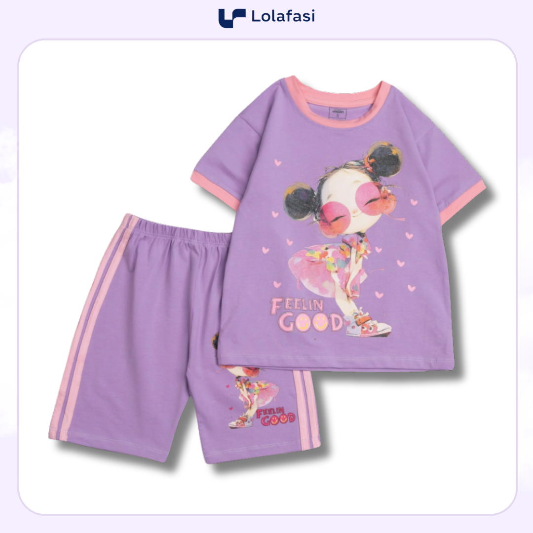 Bộ Đồ Bé Gái Thun Cotton Quần Ngố Dây Dọc 2 Bên, Áo In Hình Cô Gái Feelin’ Good Trái Tim 13kg Đến 24kg, Lolafasi Shop