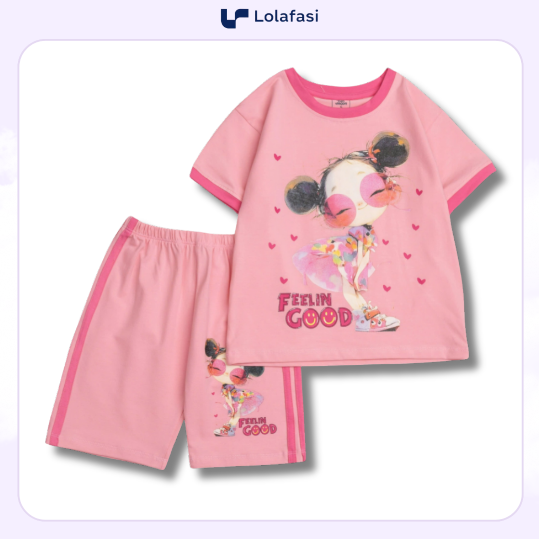 Bộ Đồ Bé Gái Thun Cotton Quần Ngố Dây Dọc 2 Bên, Áo In Hình Cô Gái Feelin’ Good Trái Tim 13kg Đến 24kg, Lolafasi Shop
