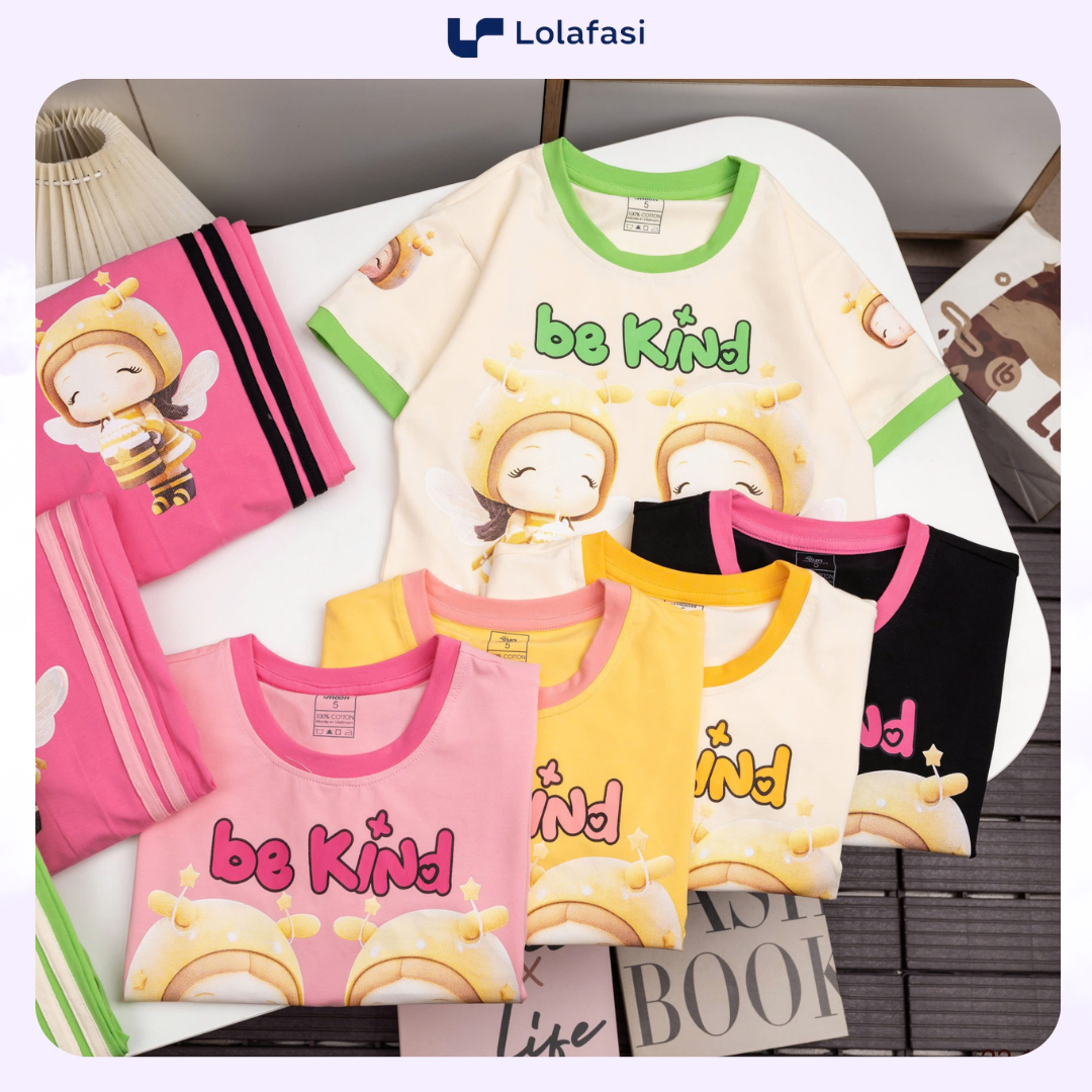 Bộ Thun Bé Gái, Bộ Cotton Bé Gái Áo Tay Ngắn Quần Ngố Dây Dệt Bé Ong Be Kind Hoa Cúc, 13kg Đến 36kg, Lolafasi Shop