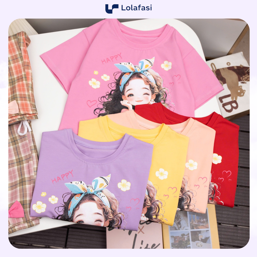 Bộ thun cotton bé gái, Ao in hình cô gái tóc xù Happy phối quần ngố sọc caro bé gái 13kg đến 36kg, Lolafasi Shop