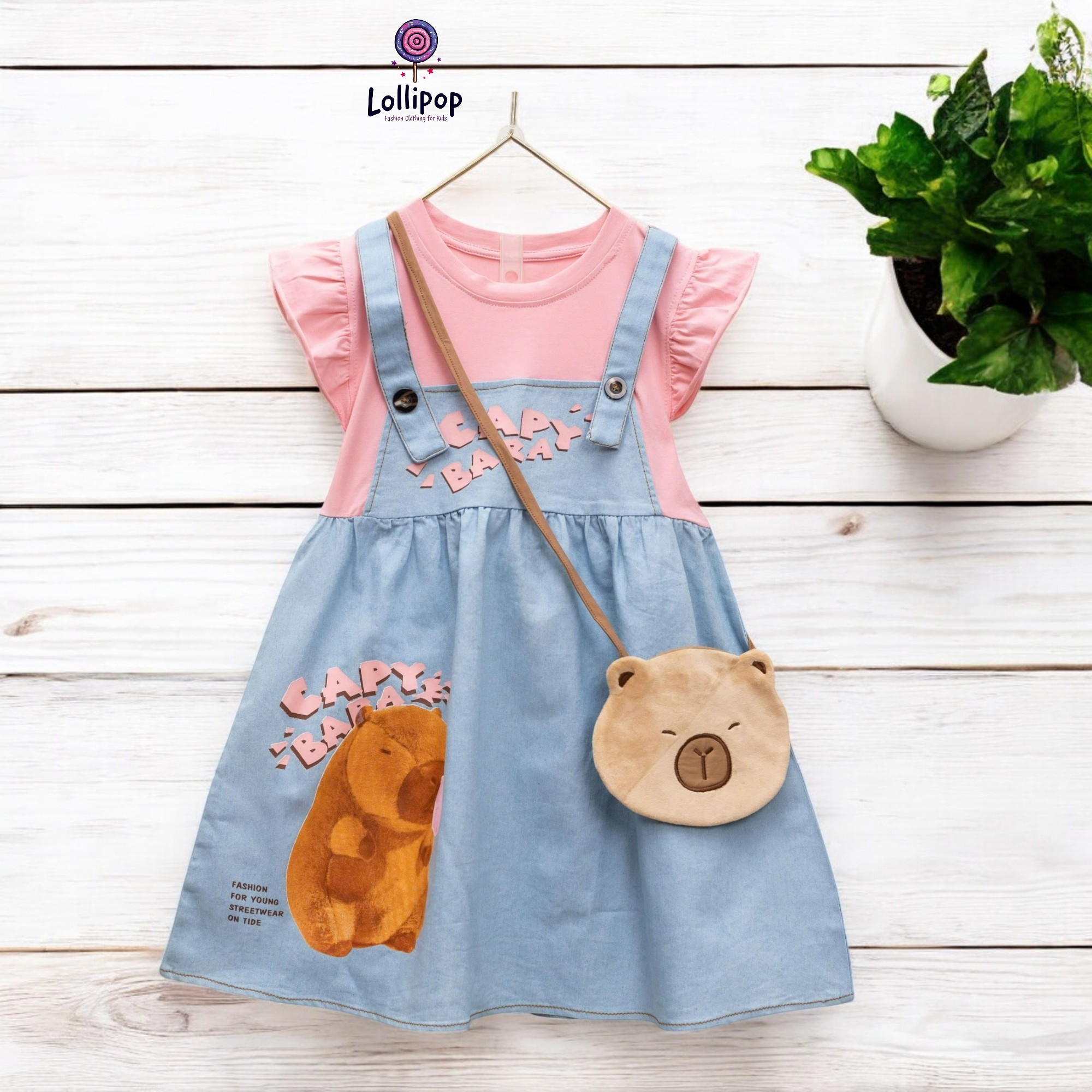 9kg- 36kg Đầm Capybara yếm Jean phối Áo thun Capybara kèm túi dễ thương