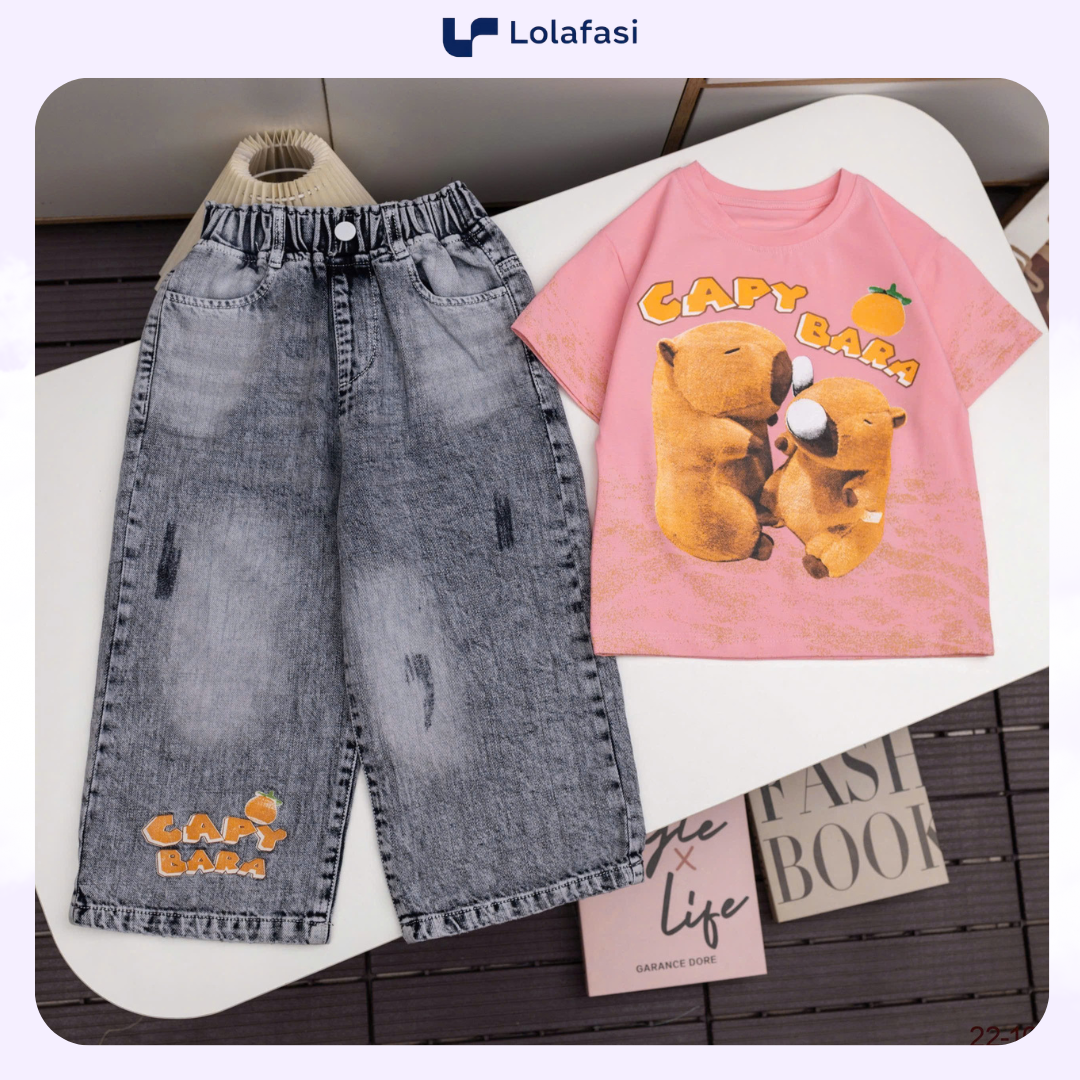 Bộ Jean Capybara Bé Gái, Bộ Ao Thun Cotton Quần Jean Capybara Cho Bé Gái 13kg Đến 36kg, Lolafasi Shop