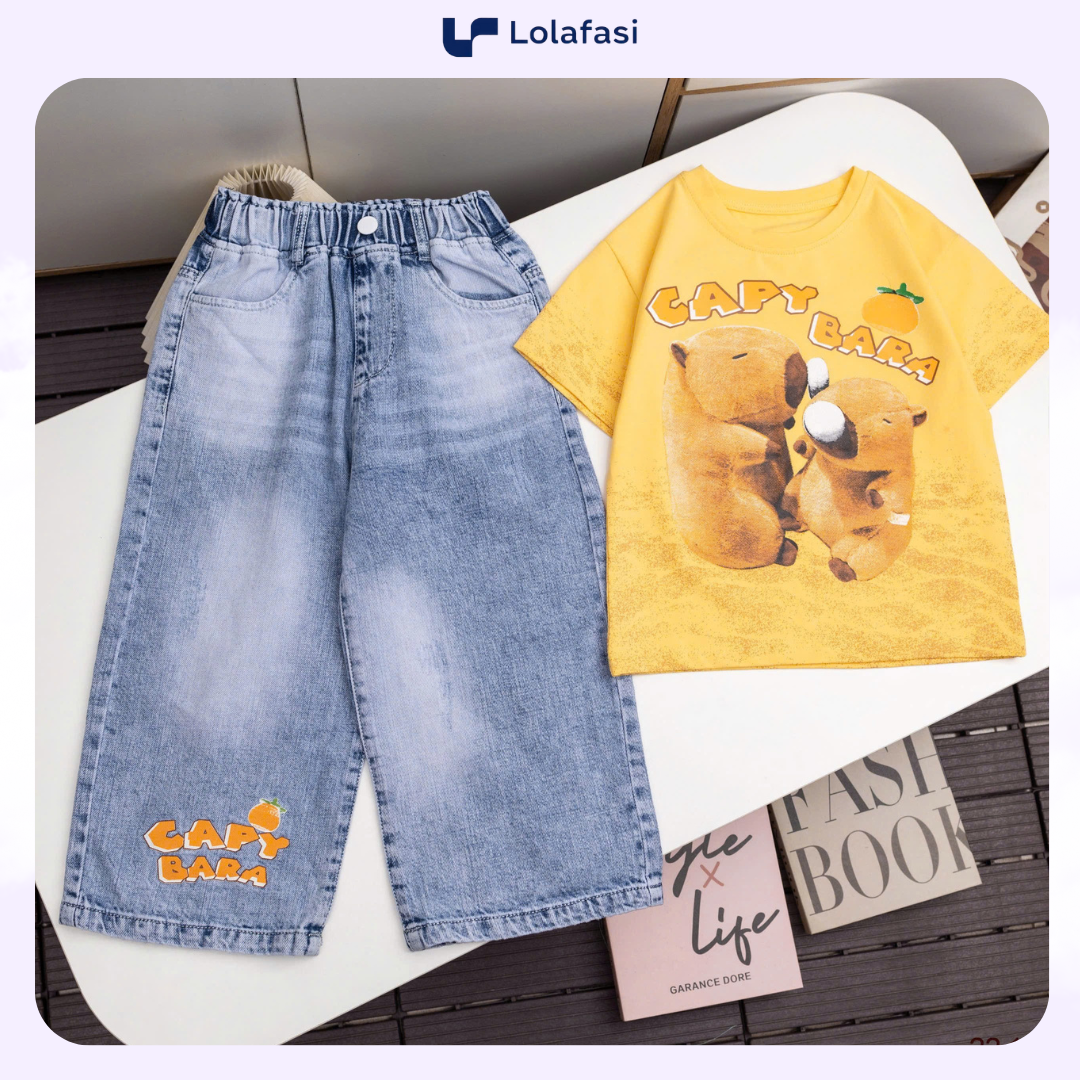 Bộ Jean Capybara Bé Gái, Bộ Ao Thun Cotton Quần Jean Capybara Cho Bé Gái 13kg Đến 36kg, Lolafasi Shop