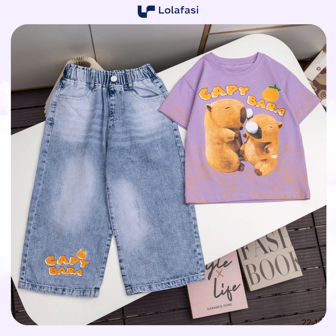 Bộ Jean Capybara Bé Gái, Bộ Ao Thun Cotton Quần Jean Capybara Cho Bé Gái 13kg Đến 36kg, Lolafasi Shop