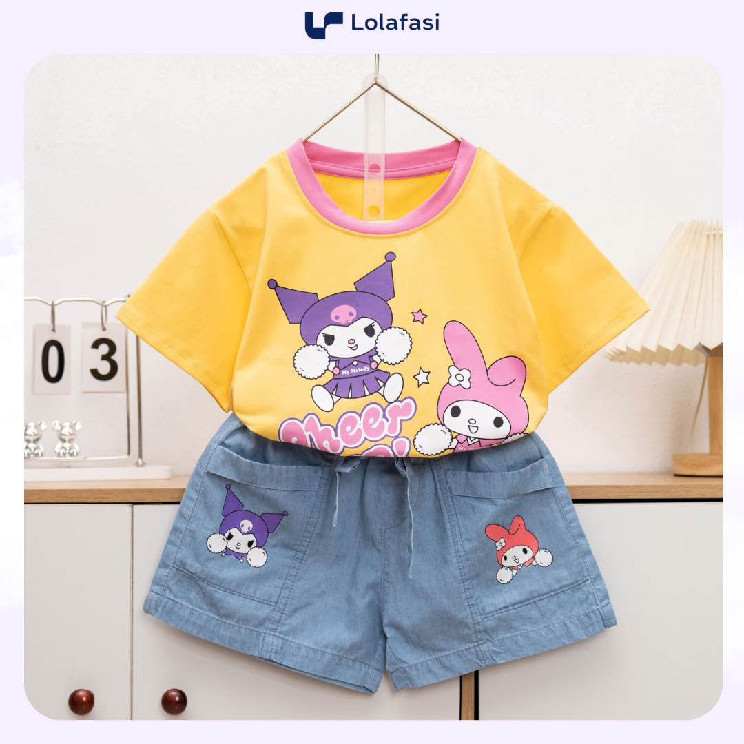 Bộ Đồ Thun Bé Gái, Bộ Quần Áo Thun Cotton Sọt Jean In Hình Kuromi Melody Cheer Up Cho Bé Gái 7kg Đến 22kg, Lolafasi Shop