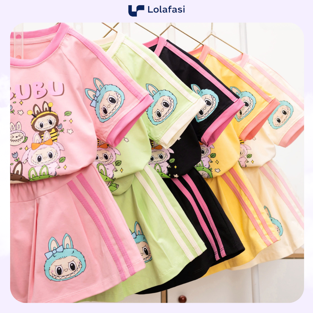 Set Váy Bé Gái, Váy Chất Liệu Thun Cotton In Nhiều Labubu Phối Hoa Bé Gái 13kg Đến 24kg, Lolafasi Shop