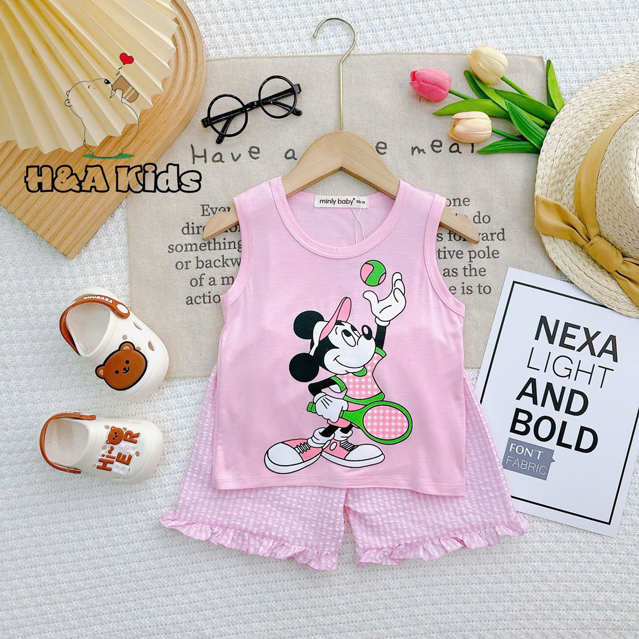 Bộ Đồ Thun Lạnh Bé Gái, Bộ Sát Nách - Họa Tiết Phối Hợp Quần Sọt Caro Bé Gái 6kg -16kg, Lolafasi Shop