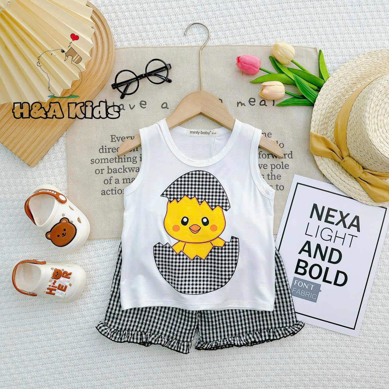 Bộ Đồ Thun Lạnh Bé Gái, Bộ Sát Nách - Họa Tiết Phối Hợp Quần Sọt Caro Bé Gái 6kg -16kg, Lolafasi Shop