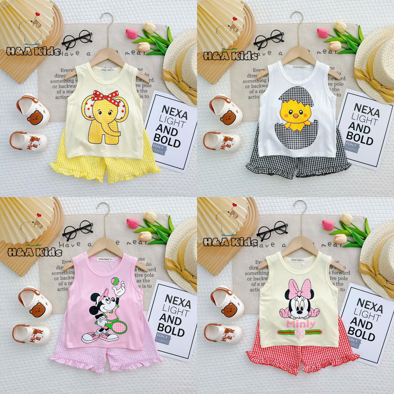 Bộ Đồ Thun Lạnh Bé Gái, Bộ Sát Nách - Họa Tiết Phối Hợp Quần Sọt Caro Bé Gái 6kg -16kg, Lolafasi Shop