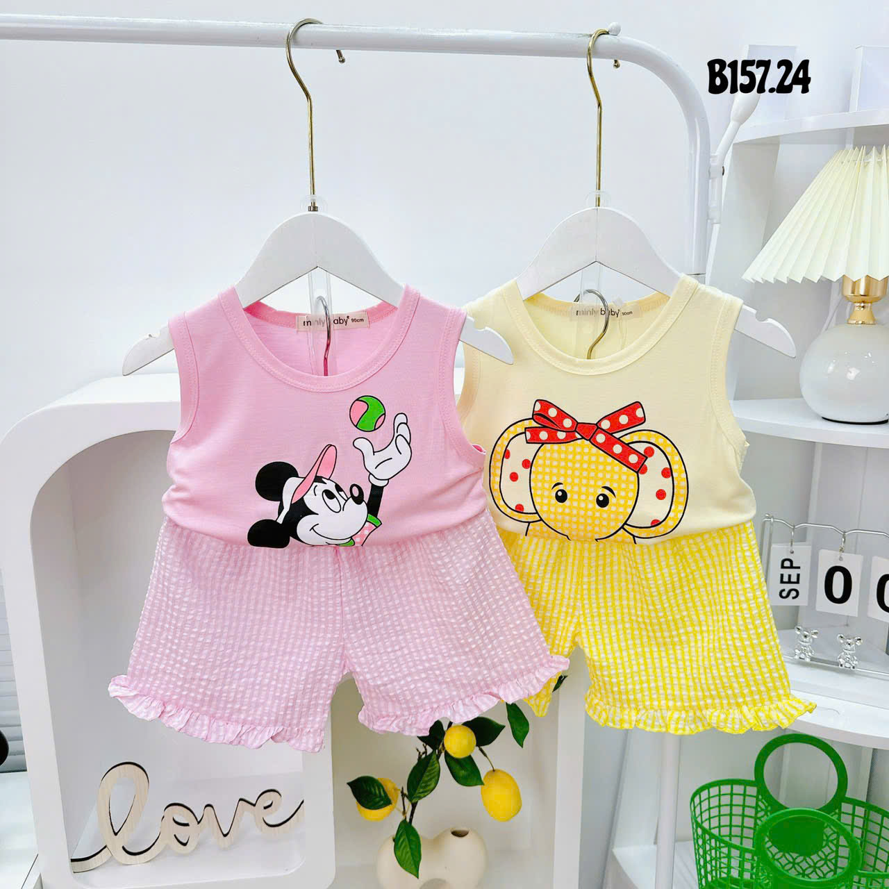 Bộ Đồ Thun Lạnh Bé Gái, Bộ Sát Nách - Họa Tiết Phối Hợp Quần Sọt Caro Bé Gái 6kg -16kg, Lolafasi Shop