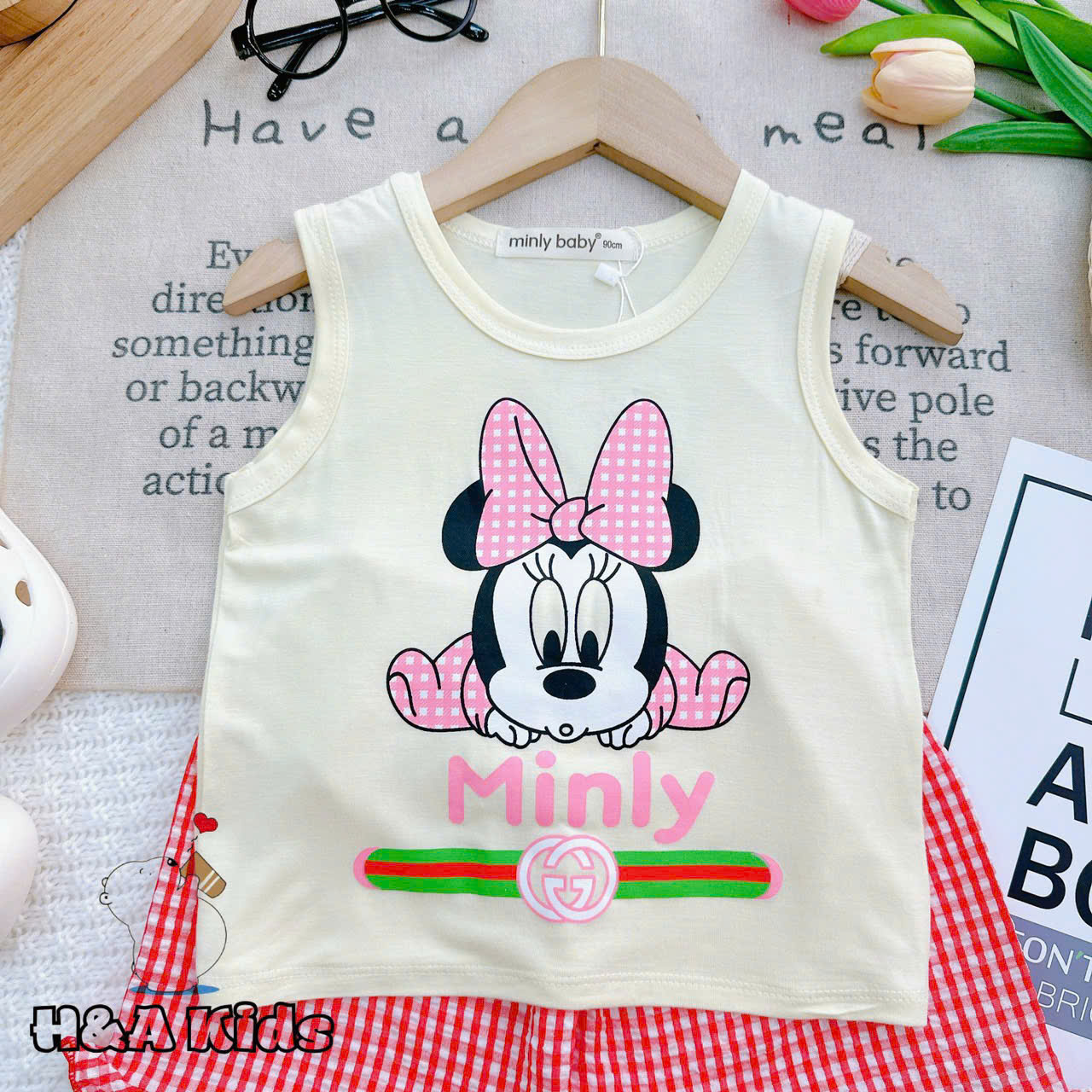 Bộ Đồ Thun Lạnh Bé Gái, Bộ Sát Nách - Họa Tiết Phối Hợp Quần Sọt Caro Bé Gái 6kg -16kg, Lolafasi Shop