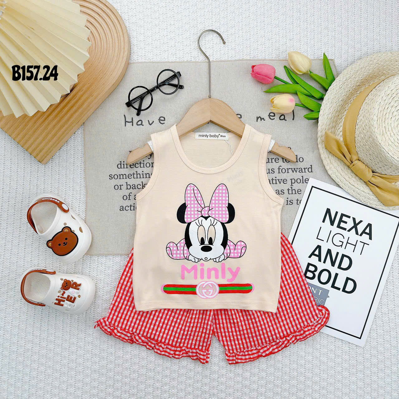 Bộ Đồ Thun Lạnh Bé Gái, Bộ Sát Nách - Họa Tiết Phối Hợp Quần Sọt Caro Bé Gái 6kg -16kg, Lolafasi Shop