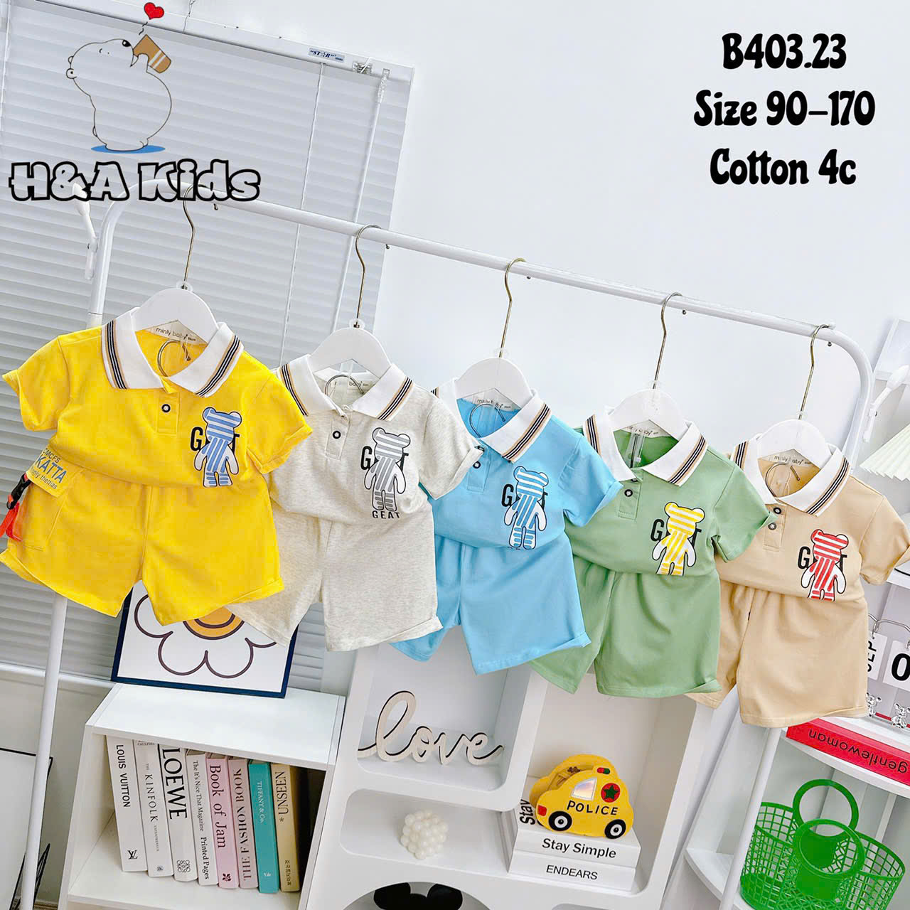 Bộ Thun Bé Trai, Set Polo Gấu GEAT Phối Quần Sọt Túi Gài Chất Liệu Thun Cotton Cho Bé Trai Từ 8-16 Kg, Lolafasi Shop