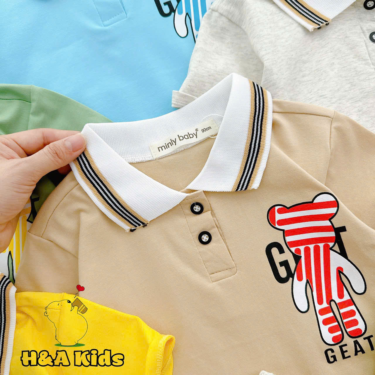 Bộ Thun Bé Trai, Set Polo Gấu GEAT Phối Quần Sọt Túi Gài Chất Liệu Thun Cotton Cho Bé Trai Từ 8-16 Kg, Lolafasi Shop