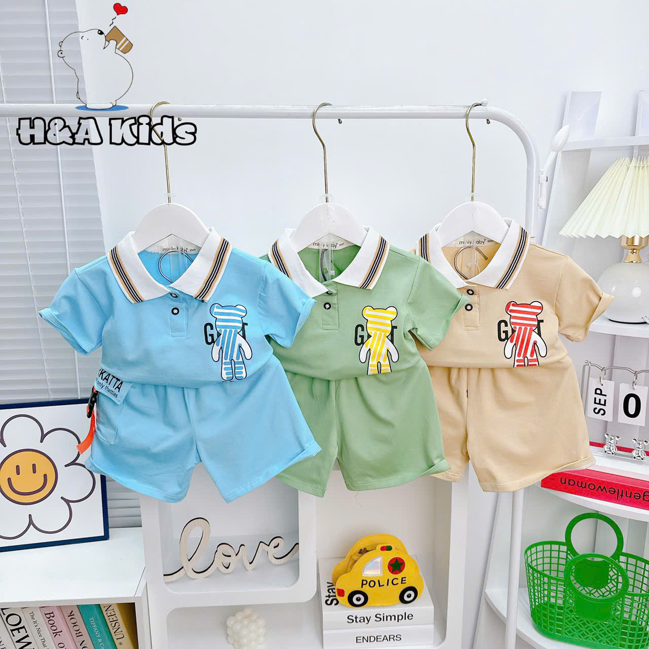 Bộ Thun Bé Trai, Set Polo Gấu GEAT Phối Quần Sọt Túi Gài Chất Liệu Thun Cotton Cho Bé Trai Từ 8-16 Kg, Lolafasi Shop