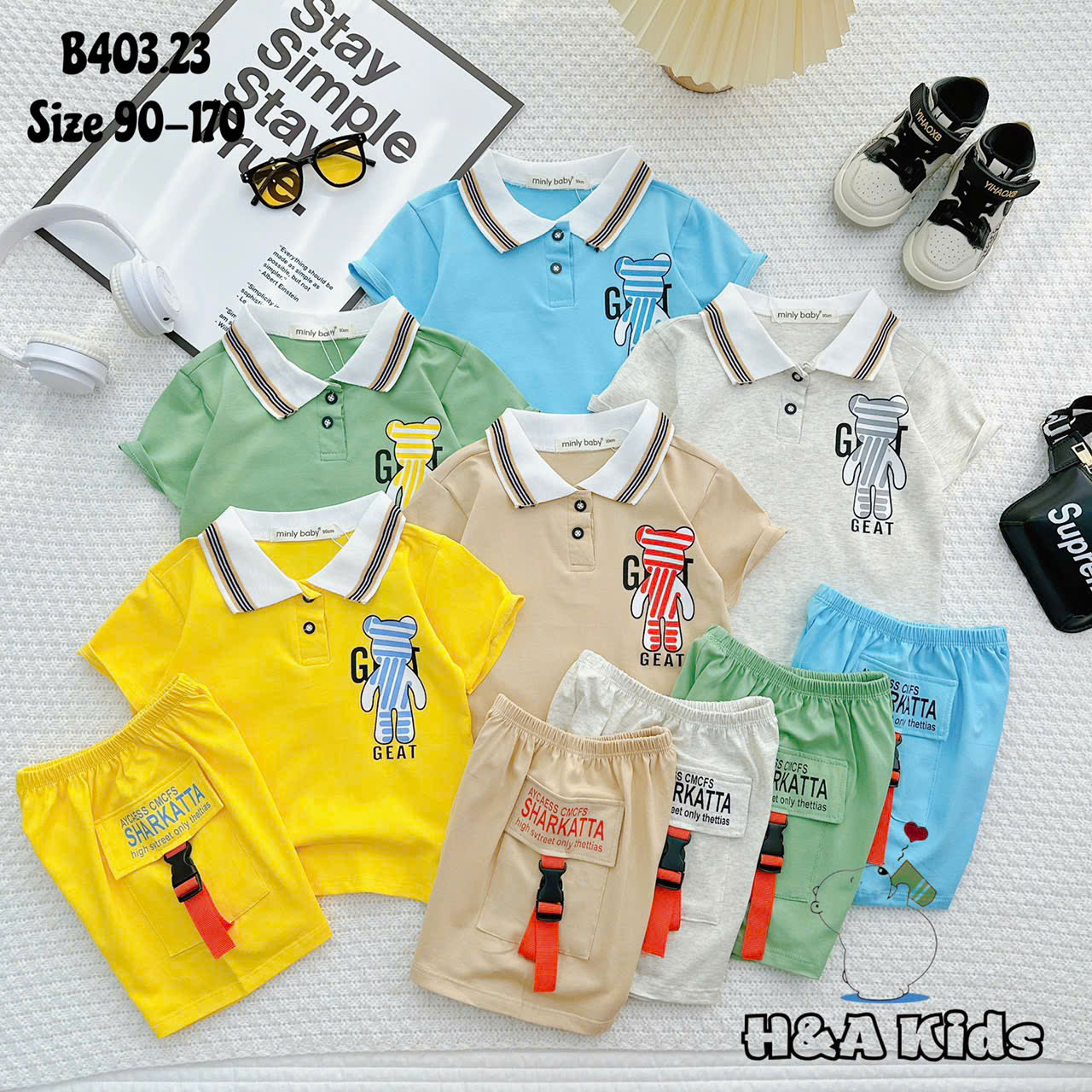 Bộ Thun Bé Trai, Set Polo Gấu GEAT Phối Quần Sọt Túi Gài Chất Liệu Thun Cotton Cho Bé Trai Từ 8-16 Kg, Lolafasi Shop