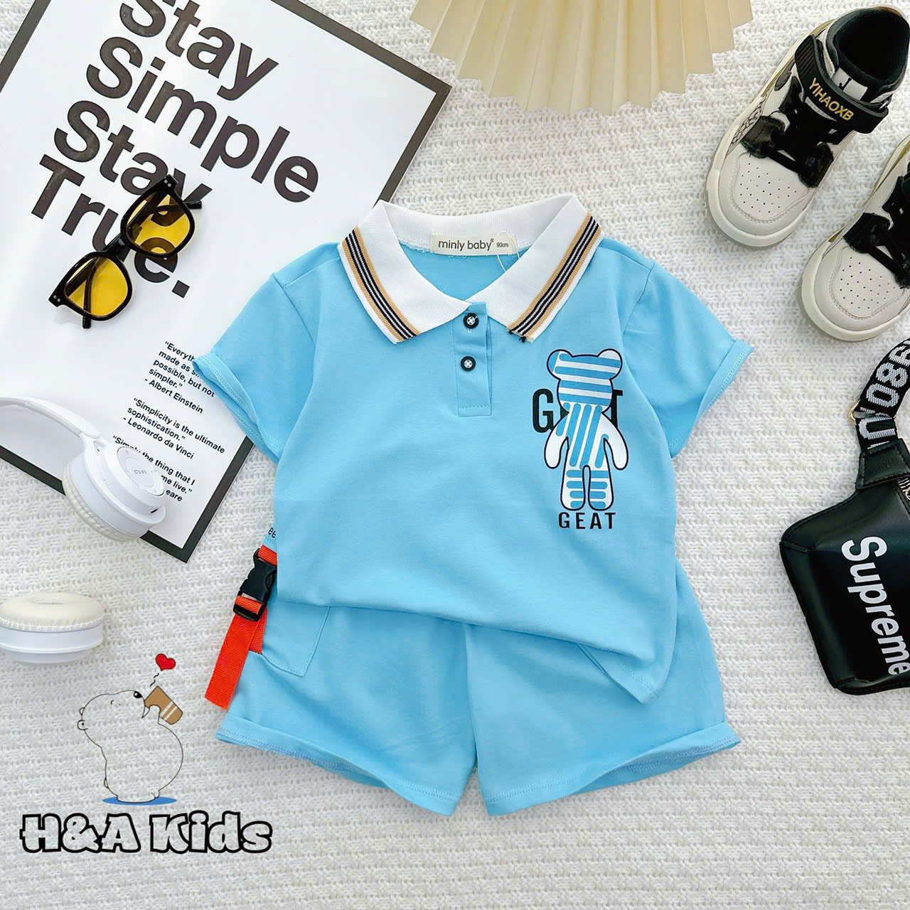 Bộ Thun Bé Trai, Set Polo Gấu GEAT Phối Quần Sọt Túi Gài Chất Liệu Thun Cotton Cho Bé Trai Từ 8-16 Kg, Lolafasi Shop