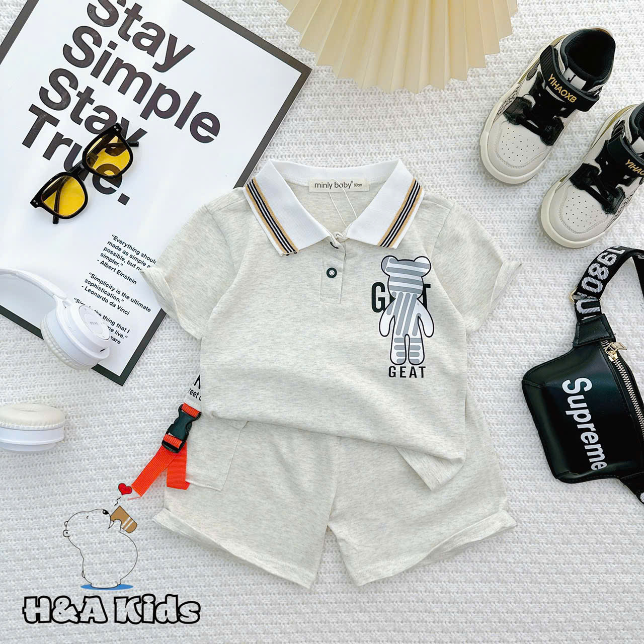 Bộ Thun Bé Trai, Set Polo Gấu GEAT Phối Quần Sọt Túi Gài Chất Liệu Thun Cotton Cho Bé Trai Từ 8-16 Kg, Lolafasi Shop