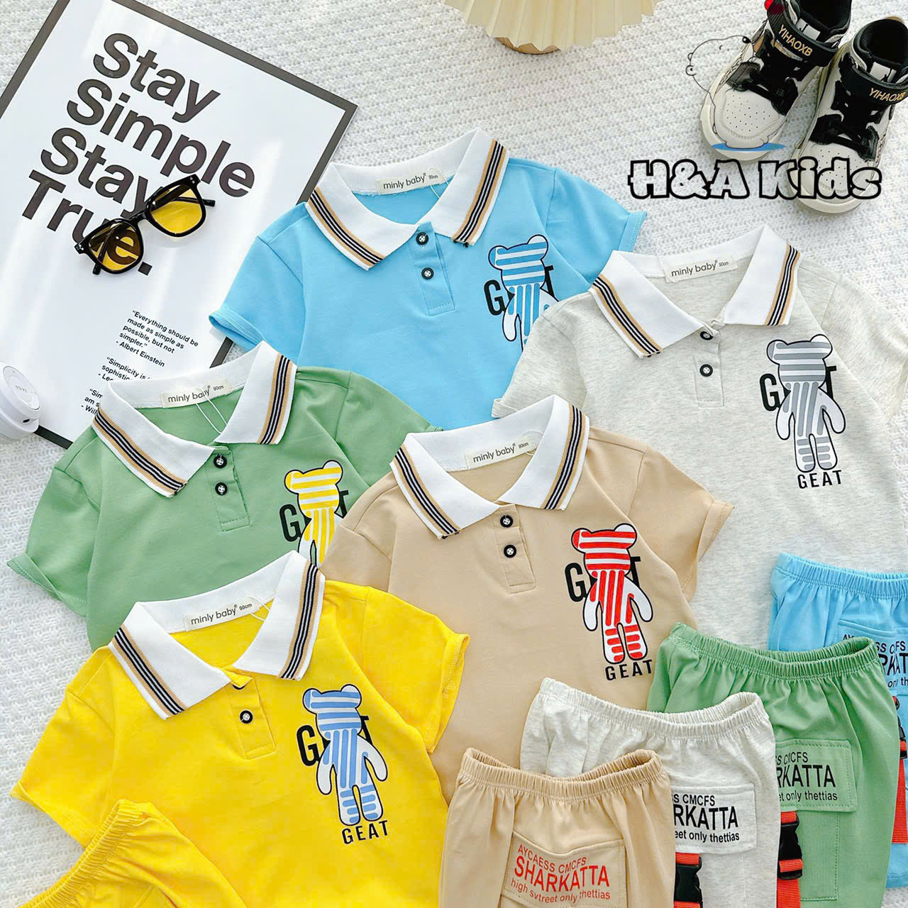 Bộ Thun Bé Trai, Set Polo Gấu GEAT Phối Quần Sọt Túi Gài Chất Liệu Thun Cotton Cho Bé Trai Từ 8-16 Kg, Lolafasi Shop