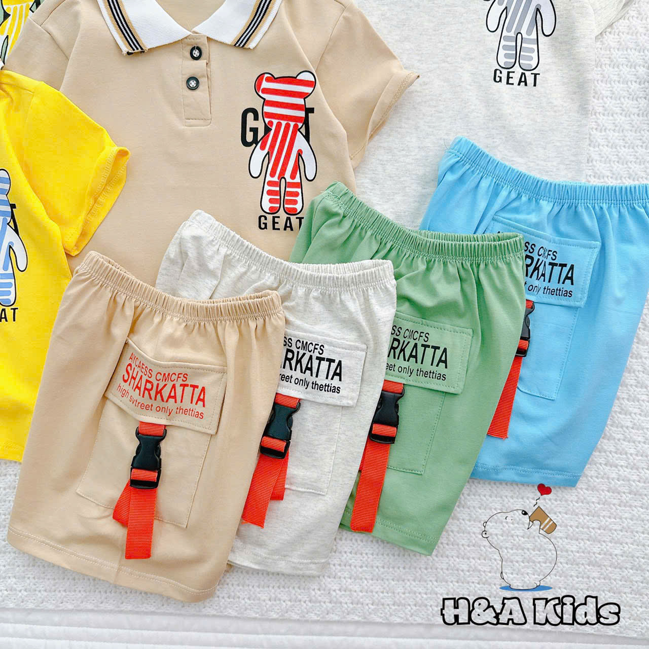Bộ Thun Bé Trai, Set Polo Gấu GEAT Phối Quần Sọt Túi Gài Chất Liệu Thun Cotton Cho Bé Trai Từ 8-16 Kg, Lolafasi Shop
