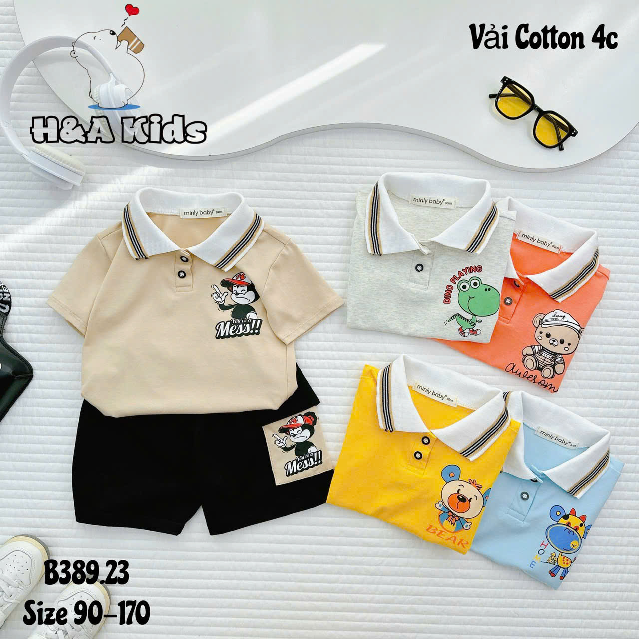 Bộ Thun Bé Trai, Set Polo Bé Trai Thun Cotton Áo In Hình Phối Quần Sọt Túi Nắp Cho Bé Trai 8kg -16kg, Lolafasi Shop