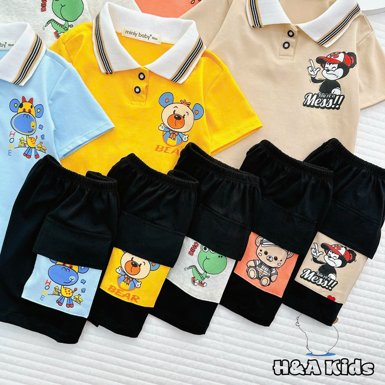 Bộ Thun Bé Trai, Set Polo Bé Trai Thun Cotton Áo In Hình Phối Quần Sọt Túi Nắp Cho Bé Trai 8kg -16kg, Lolafasi Shop