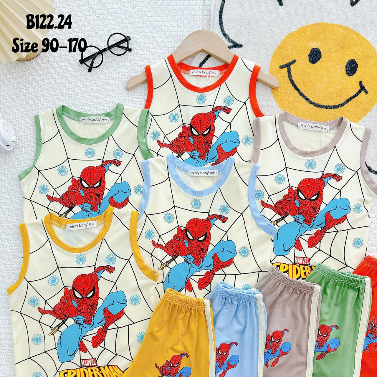 Bộ Thun Bé Trai, Bộ ba lỗ in hình Người Nhện Spiderman chất liệu thun lạnh cho bé từ 17 đến 28 kg, Lolafasi Shop Shop