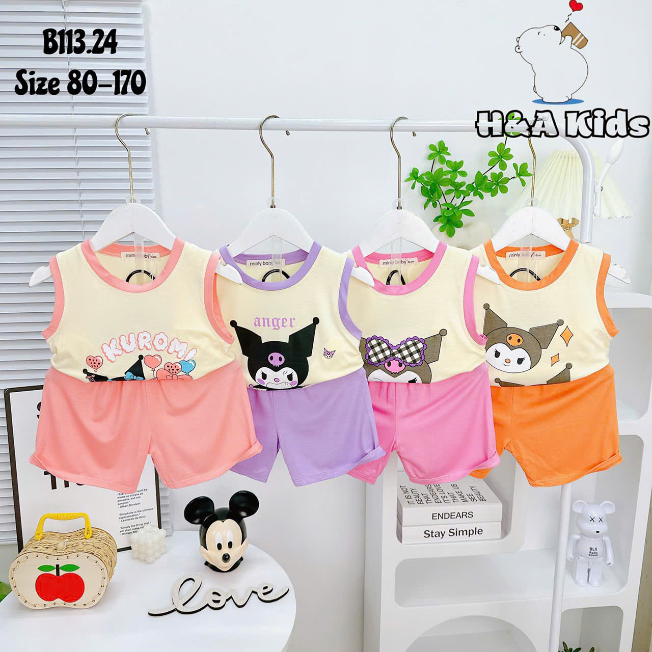 Bộ đồ thun lạnh bé gái - Áo ba lỗ thun lạnh in hình Kuromi cho bé gái từ 8kg đến 28kg, Lolafasi Shop