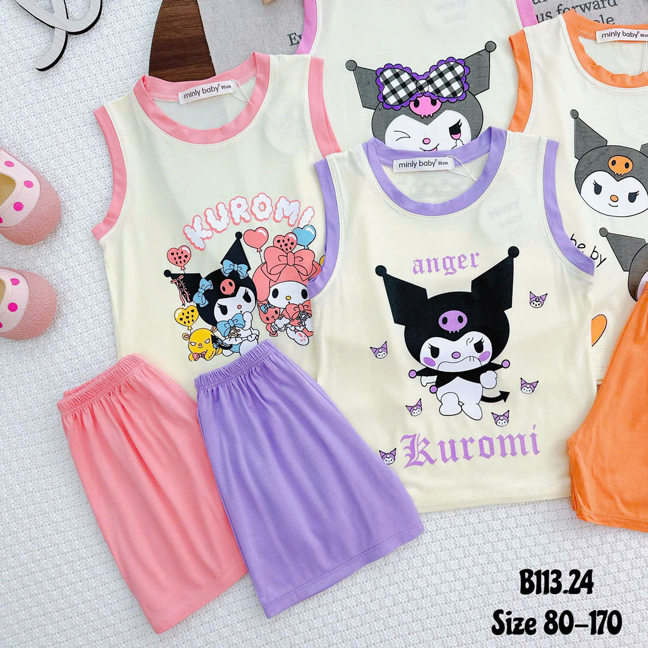 Bộ đồ thun lạnh bé gái - Áo ba lỗ thun lạnh in hình Kuromi cho bé gái từ 8kg đến 28kg, Lolafasi Shop