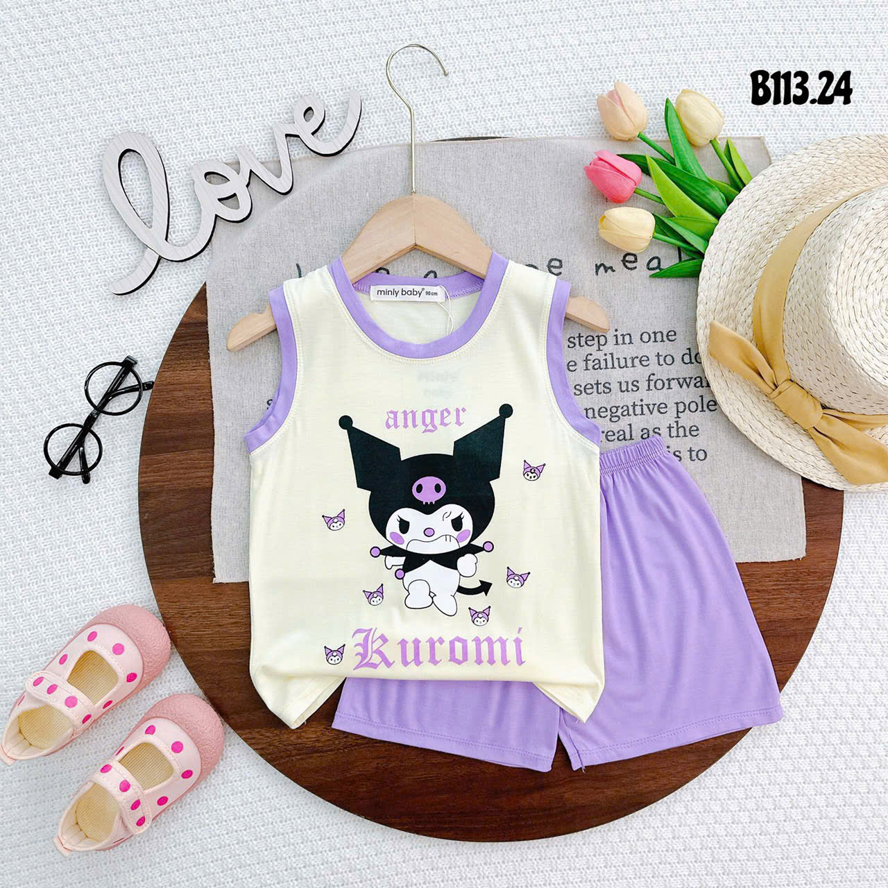 Bộ đồ thun lạnh bé gái - Áo ba lỗ thun lạnh in hình Kuromi cho bé gái từ 8kg đến 28kg, Lolafasi Shop