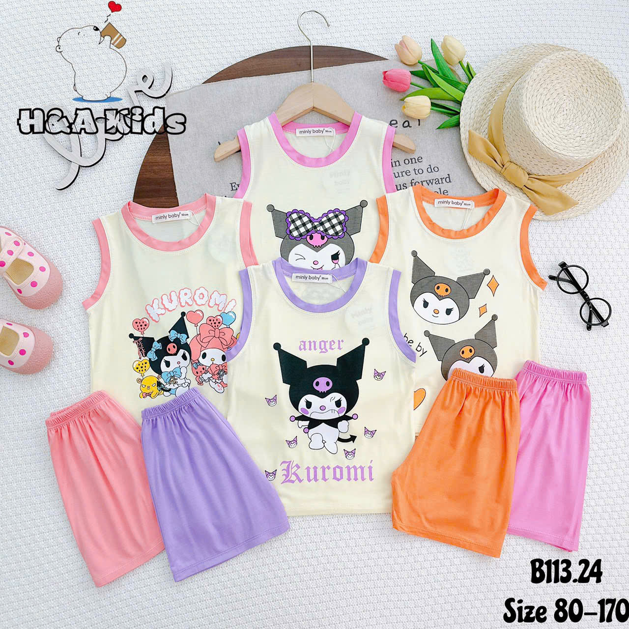 Bộ đồ thun lạnh bé gái - Áo ba lỗ thun lạnh in hình Kuromi cho bé gái từ 8kg đến 28kg, Lolafasi Shop