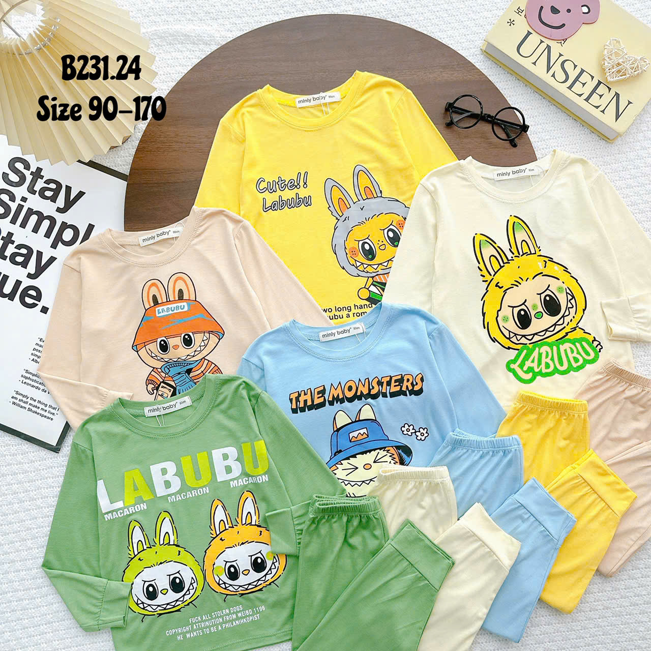 Bộ thun bé trai, Bộ thun lạnh Labubu thiết kế dài tay cho bé trai và bé gái từ 8kg đến 28kg, Lolafasi Shop