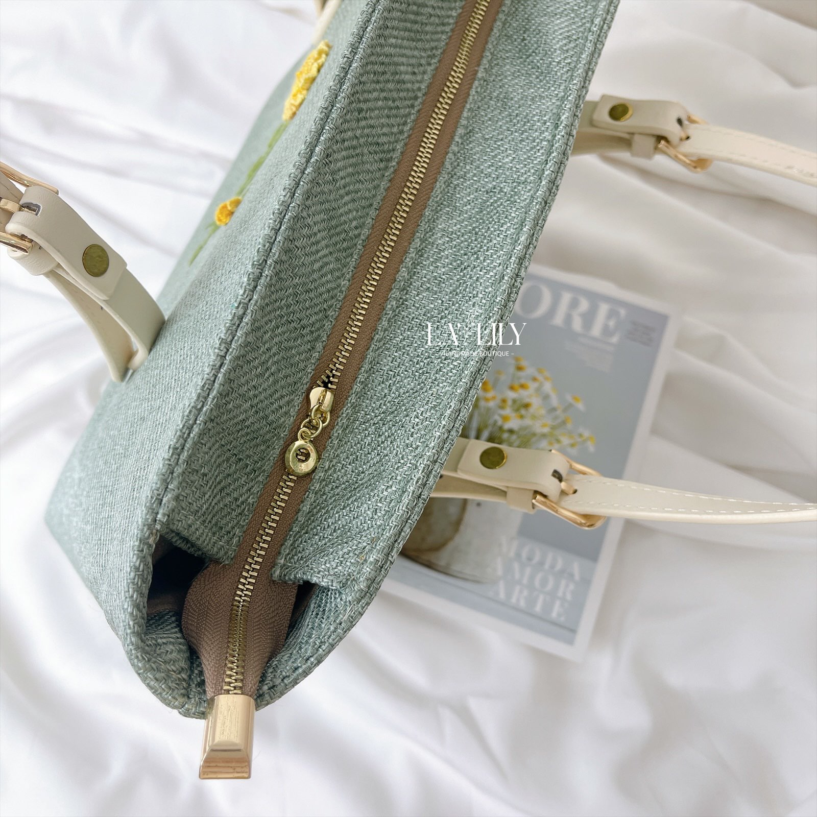 Túi Tote Xanh Mint Thêu Hoa