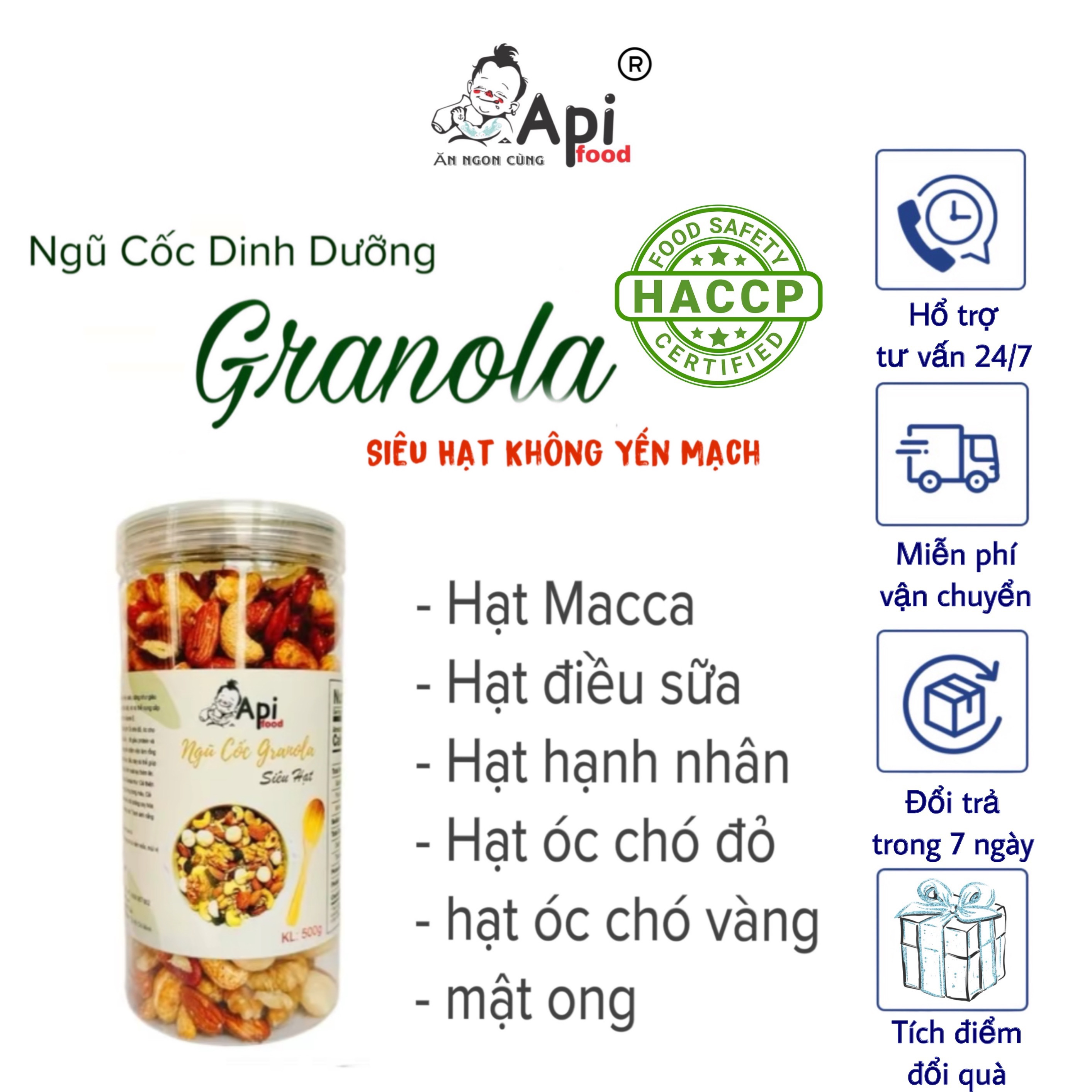 Granola KHÔNG YẾN MẠCH NƯỚNG MẬT Api Food - 20 HẠT MACCA (Macca, Hạnh Nhân, Óc Chó Vàng, Óc Chó Đỏ, Hạt Điều)