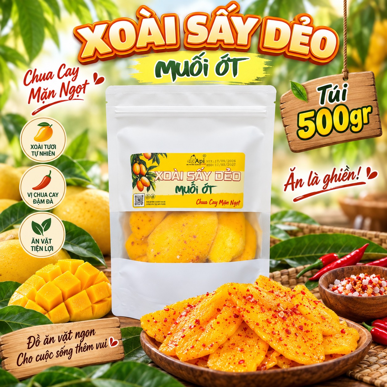 Xoài Sấy Dẻo Muối Ớt Chua Cay Mặn Ngọt Api Food ( Hàng Xuất Khẩu )