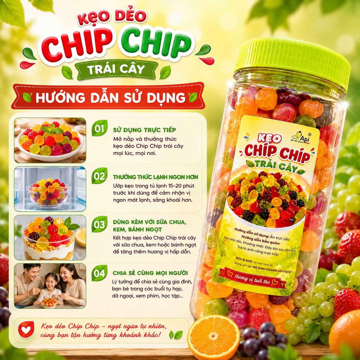 Kẹo Dẻo Chip Chip Hương Vị Trái Cây Tổng Hợp, Dẻo Dai Ngọt Thanh 500gr