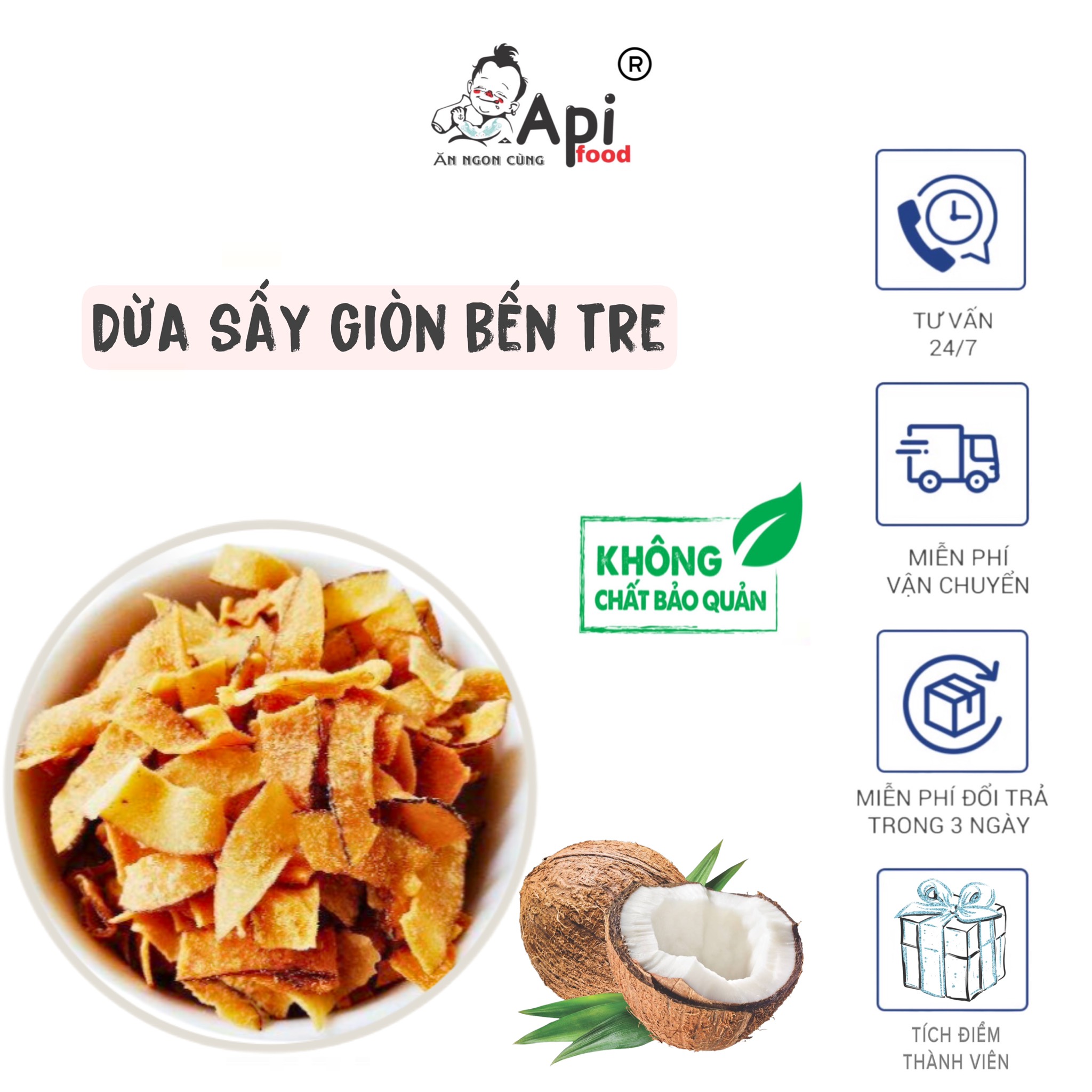 Dừa Sấy Giòn Vị Sữa Béo Ngọt Api Food - Đặc Sản Bến Tre  - Ăn Vặt Api Food