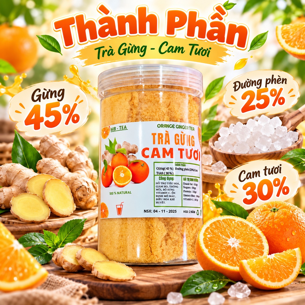 Trà Gừng Hoà Tan Vị Cam Tươi 500gr