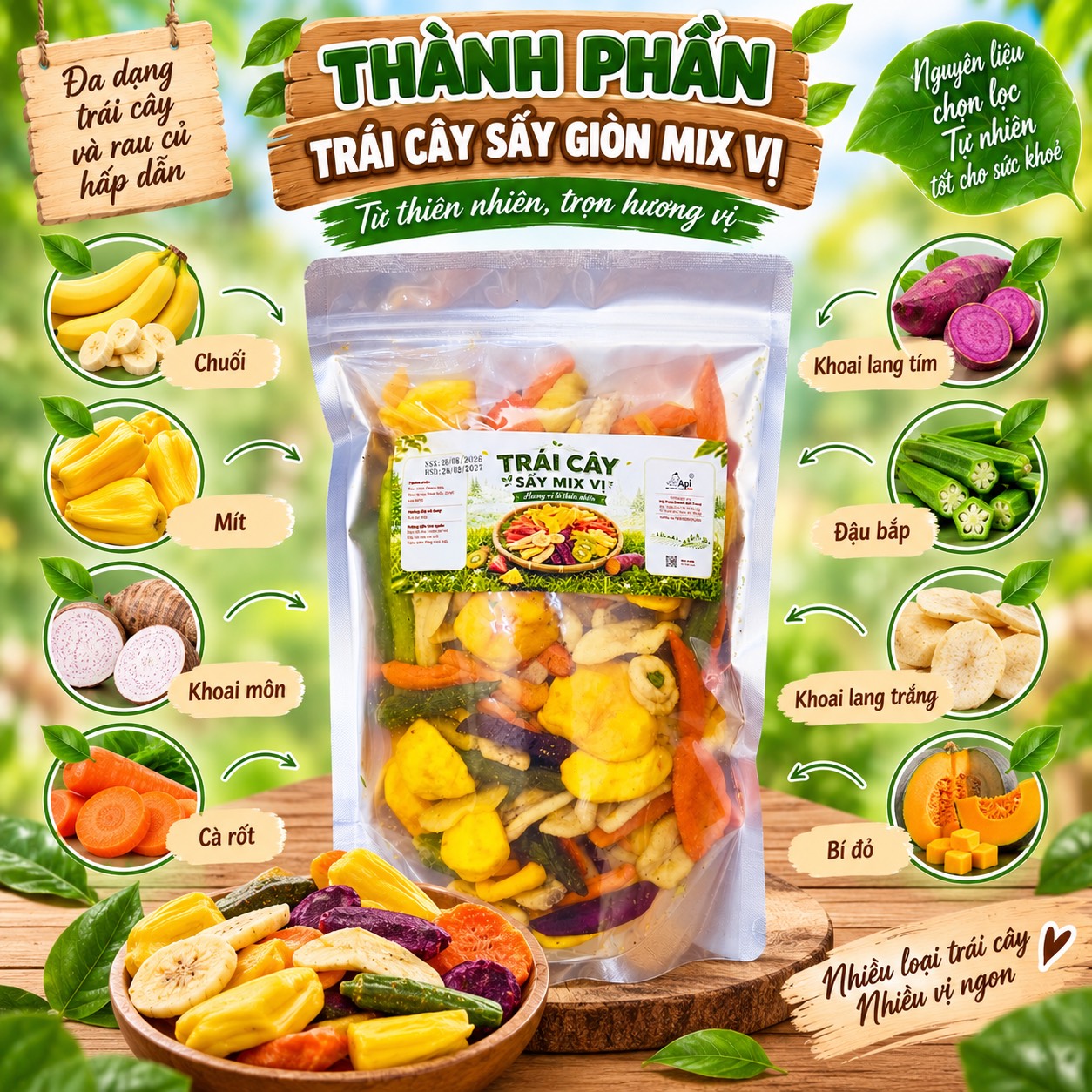 Trái Cây Sấy Giòn Mix Vị 500gr - Giòn Rụm, Đa Dạng Hương Vị