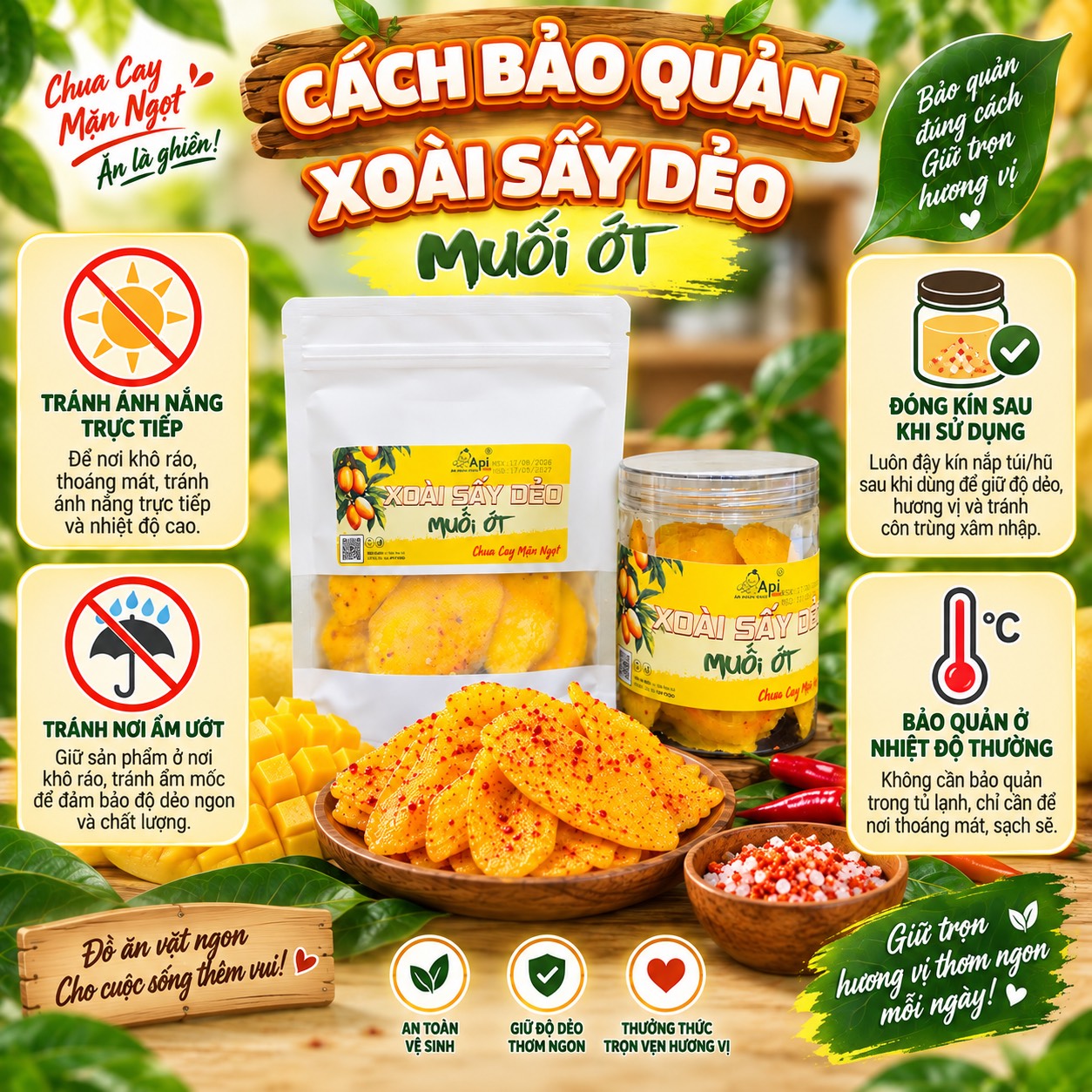 Xoài Sấy Dẻo Muối Ớt Chua Cay Mặn Ngọt Api Food ( Hàng Xuất Khẩu )