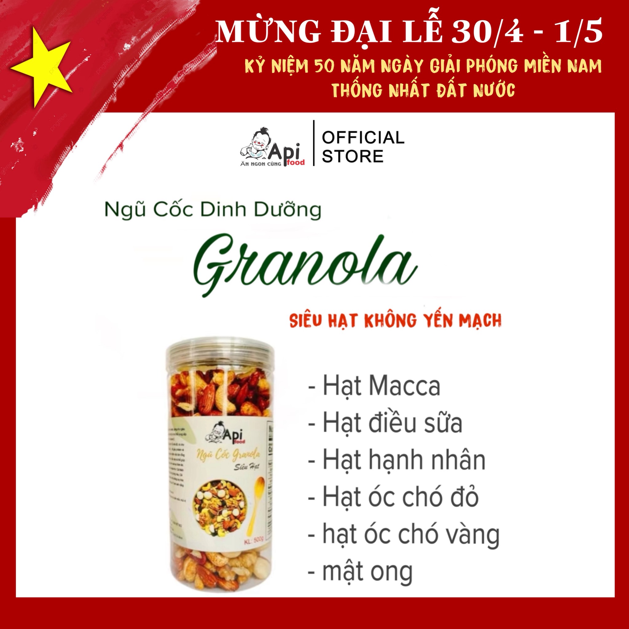 Granola KHÔNG YẾN MẠCH NƯỚNG MẬT Api Food - 20 HẠT MACCA (Macca, Hạnh Nhân, Óc Chó Vàng, Óc Chó Đỏ, Hạt Điều)