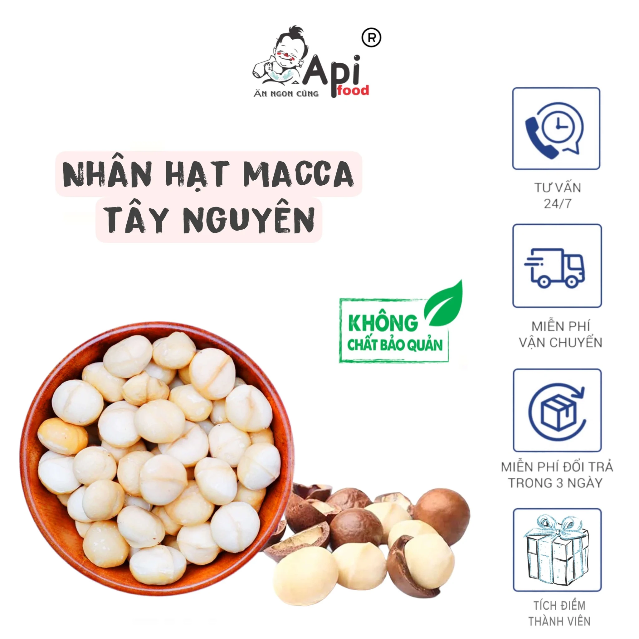 Nhân Hạt Macca Tây Nguyên Api Food - Hạt Dinh Dưỡng Organic - Thơm Ngon Béo Ngậy