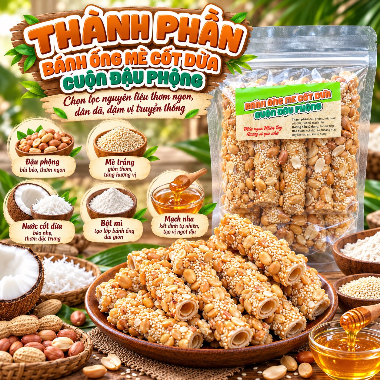 Bánh Ống Mè Cốt Dừa Cuộn Đậu Phộng