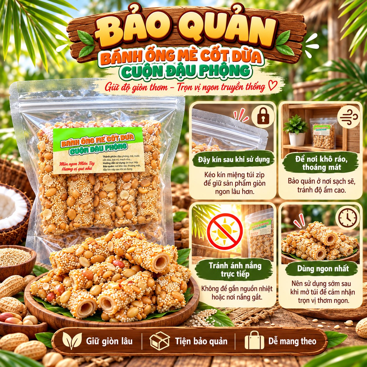 Bánh Ống Mè Cốt Dừa Cuộn Đậu Phộng