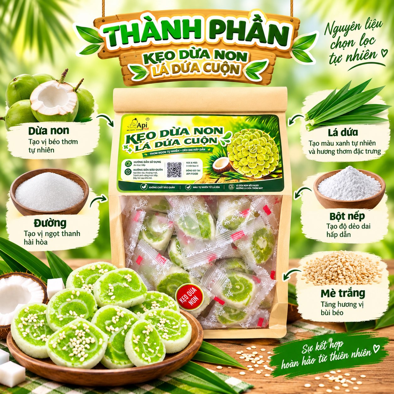 Kẹo Dừa Sáp Non Cuộn Vị Lá Dứa 500gr - Dẻo Mềm, Thơm Ngon Khó Cưỡng