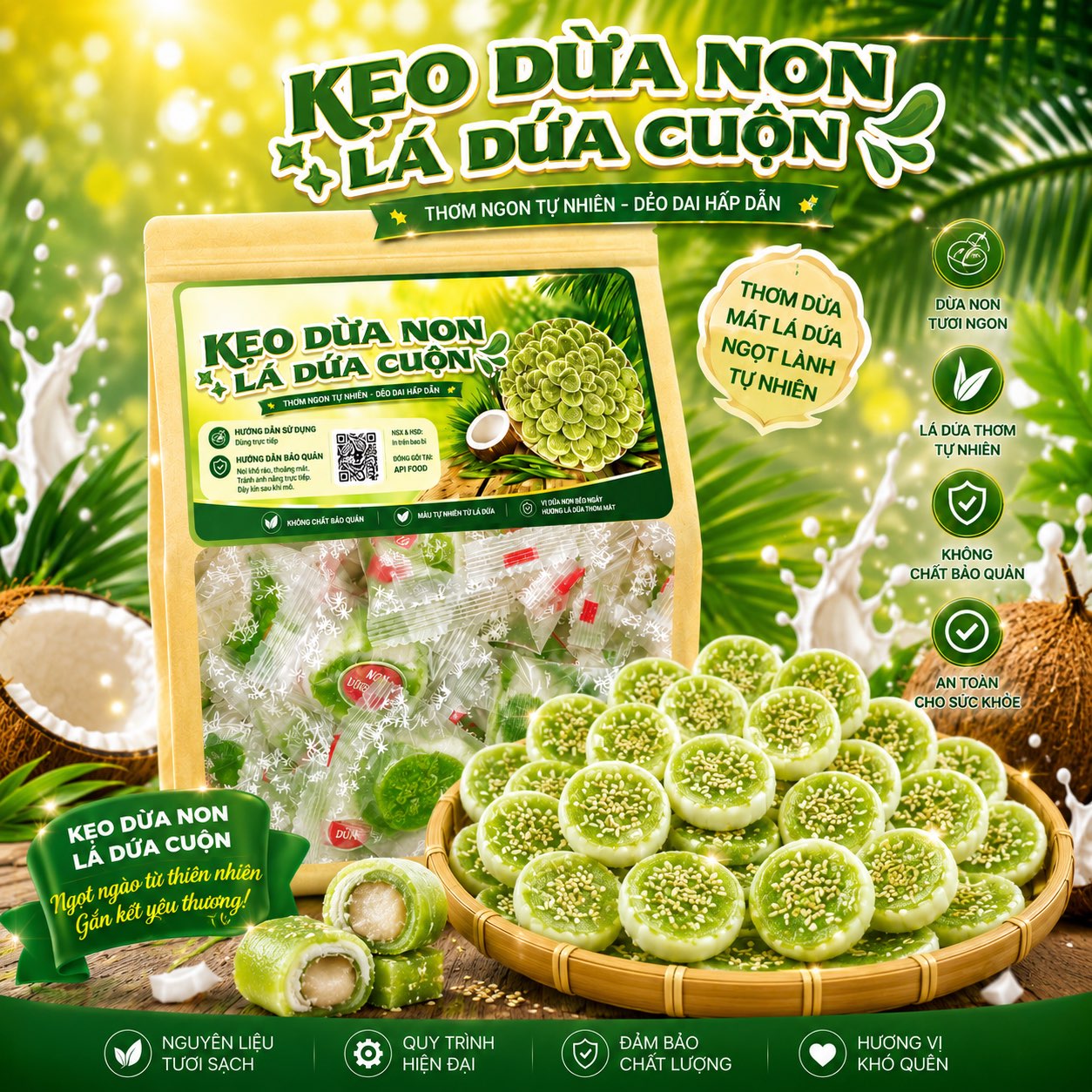 Kẹo Dừa Sáp Non Cuộn Vị Lá Dứa 500gr - Dẻo Mềm, Thơm Ngon Khó Cưỡng